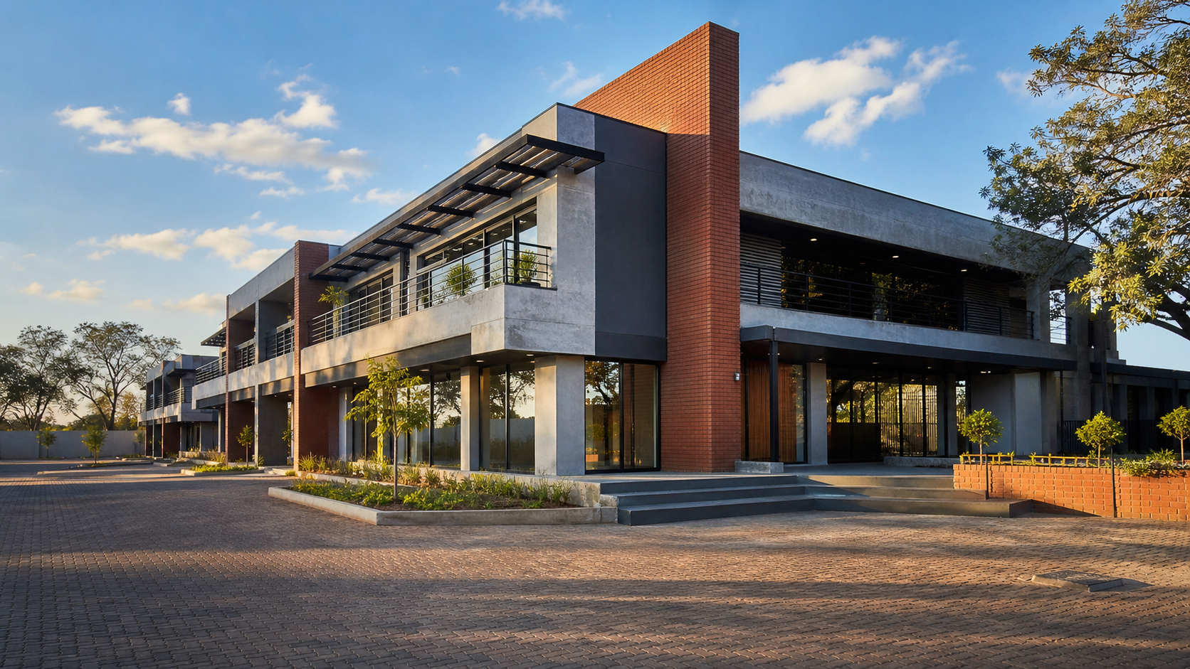 Completed modern building facade with concrete and glass