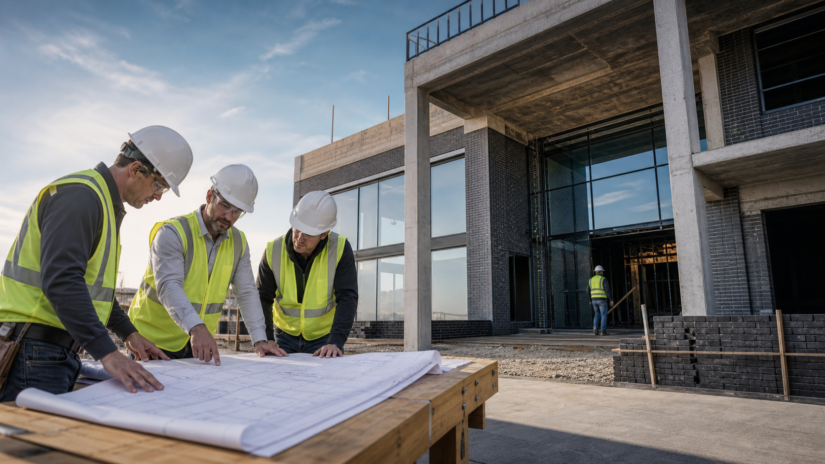 Engineers reviewing blueprints on a construction site