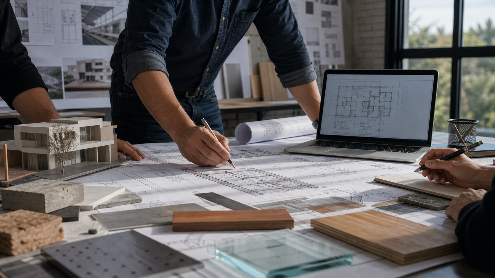 Architectural blueprints and material samples on a design table